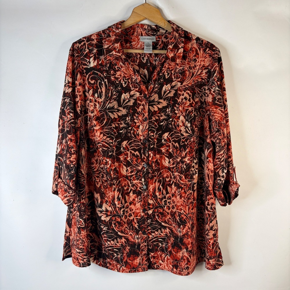 Catherines Button Down Shirt Womens 0X Orange Paisley Floral 3/4 Sleeve Blouse